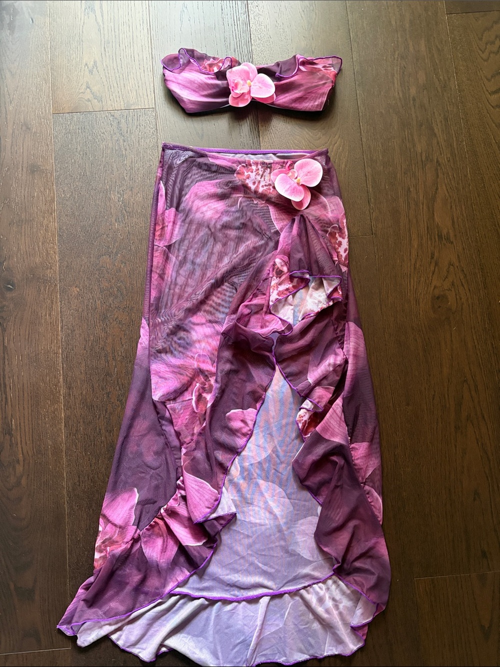 Purple Pink Floral Two-Piece Beach Skirt Set